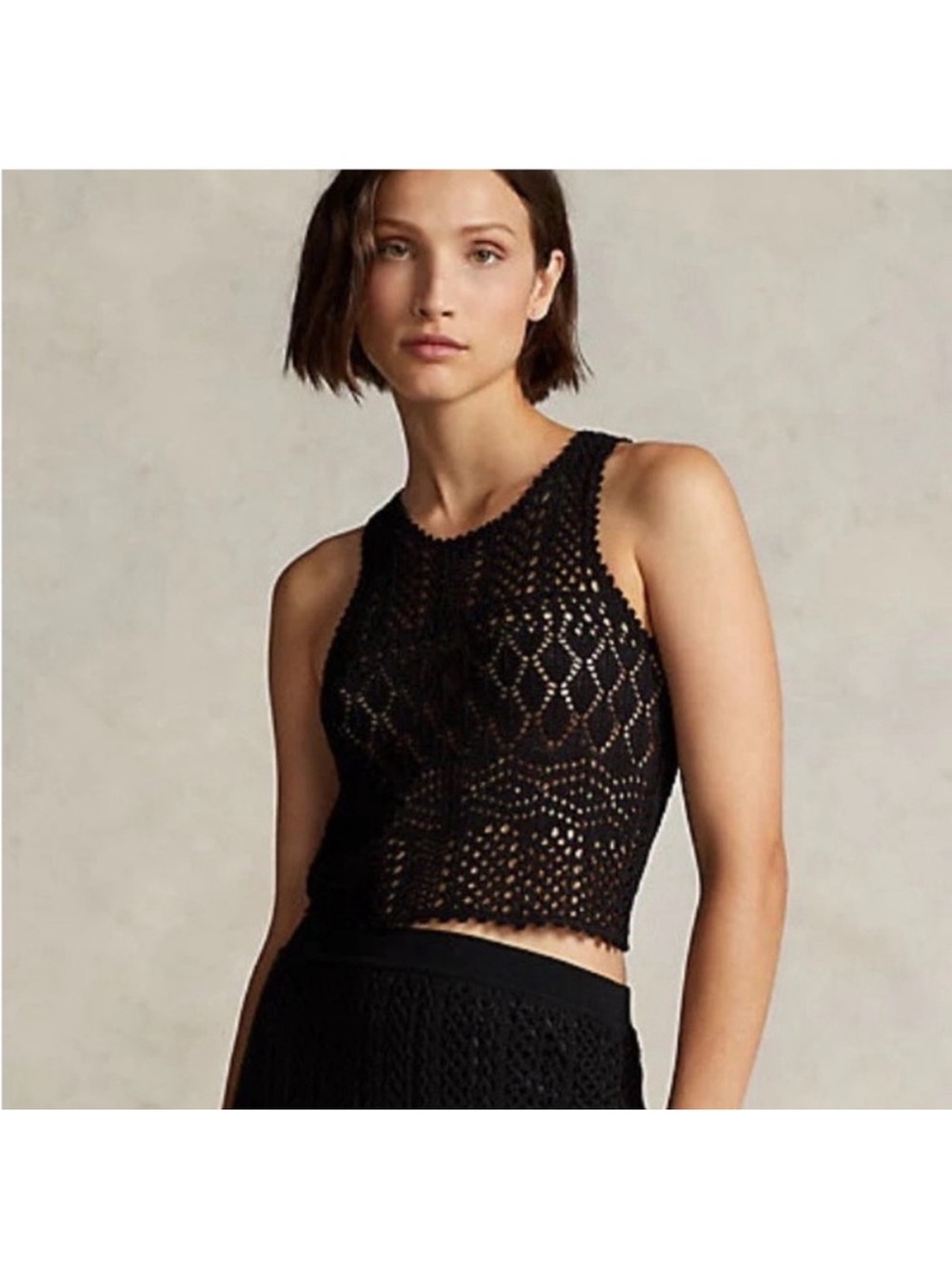 NWT Polo Ralph Lauren pointelle open weave knit tank top black